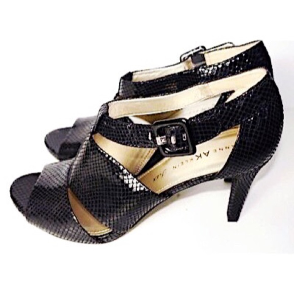 Anne Klein Black Buckle Strap Open-Toe Heels
